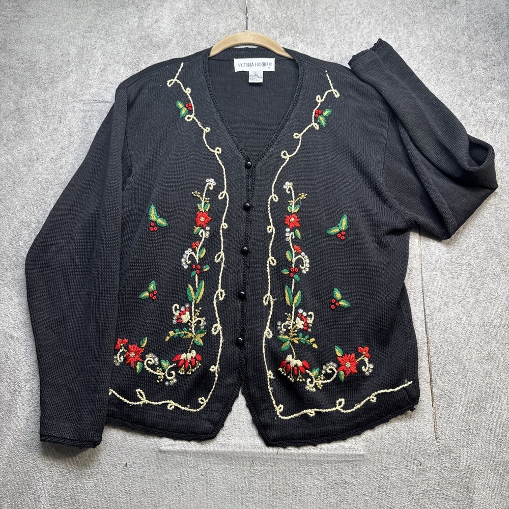 Vintage Black Embroidered Floral Holiday Cardigan Beaded Trim Women's Large